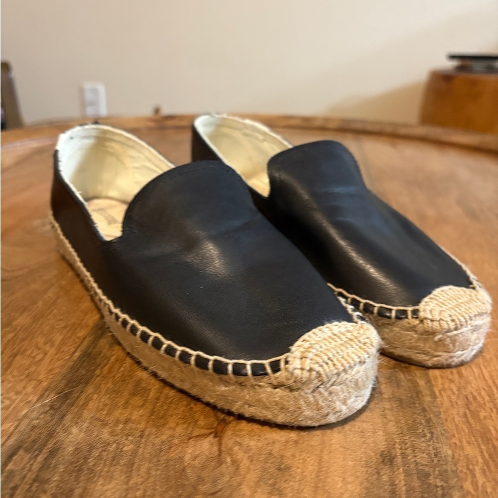 Soludos Womens Platform Smoking Slipper Espadrilles Flats Leather Black Size 8